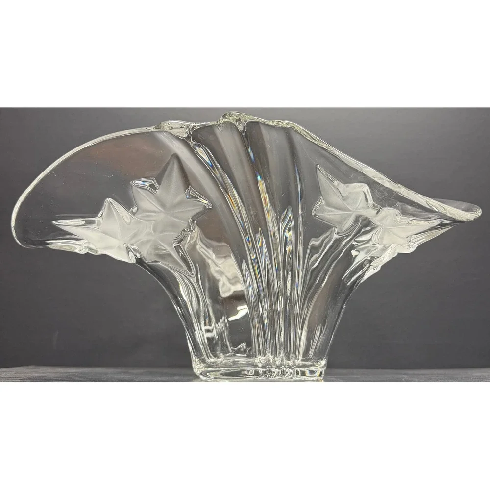 Vintage Crystal Fan Vase Frosted Ivy Leaf Flared Ribbed Art Deco Style Centerpc